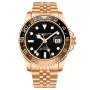 Zegarek Stührling Swiss Aquadiver GMT 3968.5 z tarczą Czarny i kopertą o średnicy 42 mm oraz paskiem Metalowy pasek w kolorze Różowe złoto.